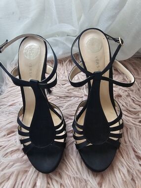 Versace Black Strappy T‑Bar  Heels